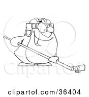 Poster, Art Print Of Black And White Outline Of A Penguin Playing Ice Hockey