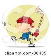 Clipart Illustration Of An Athletic Caucasian Boy Preparing To Whack A Hockey Puck by Hit Toon