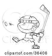 Clipart Illustration Of A Black And White Outline Of A Caucasian Boy Preparing To Whack A Hockey Puck by Hit Toon
