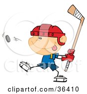 Clipart Illustration Of A Sporty Caucasian Boy Preparing To Whack A Hockey Puck by Hit Toon