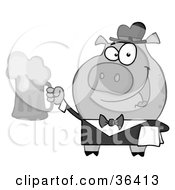 Clipart Illustration Of A Black And White Waiter Pig Serving A Mug Of Frothy Beer