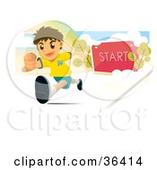 Clipart Illustration Of An Athletic Boy Running The Start Post Behind Him