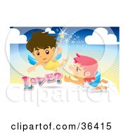 Poster, Art Print Of Male And Female Angel With A Magic Wand Flying In The Sky