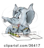 Distracted Gray Elephant Resting His Arms On A Table Over Homework Looking Left