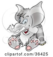 Clipart Illustration Of A Gray Elephant With Tusks And A Beard Sitting And Smiling
