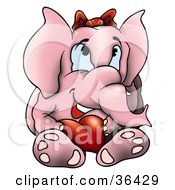 Poster, Art Print Of Pink Elephant Wearing A Bow And Holding A Red Heart