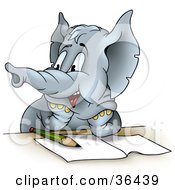 Gray Elephant Student Resting His Arms On A Table Over Homework Looking Left While Being Distracted