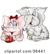 Clipart Illustration Of A Gray Elephant Kneeling Down To A Pink Elephant With A Heart by dero