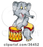 Poster, Art Print Of Circus Elephant Standing Up Against A Stool