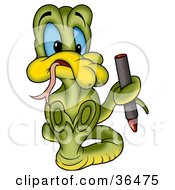 Clipart Illustration Of A Green Cobra Snake With Blue Eyes Coloring With A Red Crayon by dero
