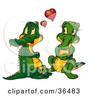 Sweet Crocodile Couple In Love With Red Hearts Above Them