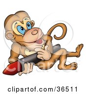 Poster, Art Print Of Creative Brown Monkey Leaning Back With A Red Crayon