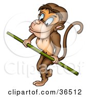 Circus Monkey Holding Onto A Green Pole While Walking The Tight Rope
