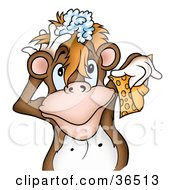 Poster, Art Print Of Brown Monkey Lathering Up His Hair With Shampoo And Holding A Sponge In A Shower