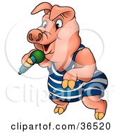 Poster, Art Print Of Pink Pig In Clothes Dancing And Singing With A Microphone
