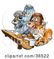 Poster, Art Print Of Squirrel Dog And Bears At A Wood Log Desk In A Class Room At School