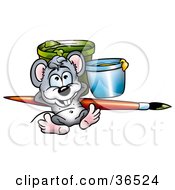 Mouse Artist Relaxing Against A Paintbrush And Cans