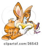 Clipart Illustration Of A Focused Brown Rabbit Coloring With A Purple Colored Pencil