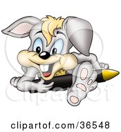 Clipart Illustration Of A Creative Gray Rabbit Sitting And Leaning Over A Large Yellow Crayon by dero