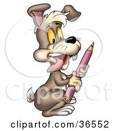 Clipart Illustration Of A Creative Brown Rabbit Hopping With A Purple Colored Pencil
