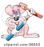 Poster, Art Print Of Pink Rabbit Holding Red And Blue Pencils