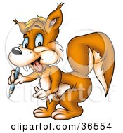 Poster, Art Print Of Creative Orange Squirrel Holding A Blue Color Pencil