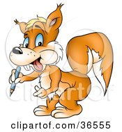 Poster, Art Print Of Coloring Orange Squirrel Holding A Blue Color Pencil