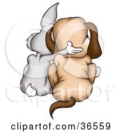 Poster, Art Print Of Gray Rabbit And Dog Huddled Together As Seen From Behind