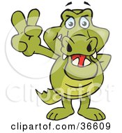 Poster, Art Print Of Peaceful Crocodile Smiling And Gesturing The Peace Sign With His Hand