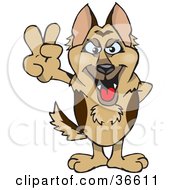 Clipart Illustration Of A Peaceful German Shepherd Dog Smiling And Gesturing The Peace Sign With His Hand by Dennis Holmes Designs