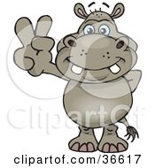 Poster, Art Print Of Peaceful Hippo Smiling And Gesturing The Peace Sign With His Hand