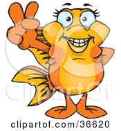 Poster, Art Print Of Peaceful Gold Fish Smiling And Gesturing The Peace Sign With His Hand