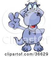 Clipart Illustration Of A Peaceful Blue Apatosaurus Dinosaur Smiling And Gesturing The Peace Sign With His Hand
