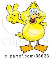 Clipart Illustration Of A Peaceful Yellow Duck Smiling And Gesturing The Peace Sign With His Hand by Dennis Holmes Designs