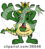 Clipart Illustration Of A Peaceful Dragon Smiling And Gesturing The Peace Sign With His Hand by Dennis Holmes Designs
