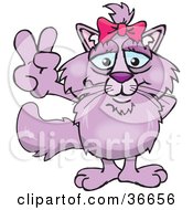 Clipart Illustration Of A Peaceful Pink Cat Smiling And Gesturing The Peace Sign With His Hand