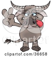 Clipart Illustration Of A Peaceful Buffalo Smiling And Gesturing The Peace Sign With His Hand by Dennis Holmes Designs
