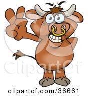 Poster, Art Print Of Peaceful Bull Smiling And Gesturing The Peace Sign With His Hand