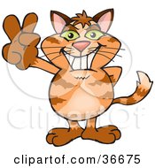 Poster, Art Print Of Peaceful Ginger Cat Smiling And Gesturing The Peace Sign With His Hand