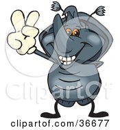 Poster, Art Print Of Peaceful Horned Beetle Smiling And Gesturing The Peace Sign With His Hand