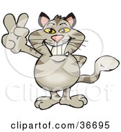 Clipart Illustration Of A Peaceful Gray Cat Smiling And Gesturing The Peace Sign With His Hand
