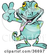 Poster, Art Print Of Peaceful Chameleon Smiling And Gesturing The Peace Sign With His Hand