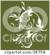Clipart Illustration Of An Elegant White Silhouetted Leafy Vine Flourish Accent On A Green Background