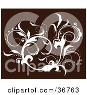 Poster, Art Print Of Elegant White Silhouetted Leafy Vine Flourish Accent On A Brown Background