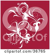 Clipart Illustration Of An Elegant White Silhouetted Leafy Vine Flourish Accent On A Red Background