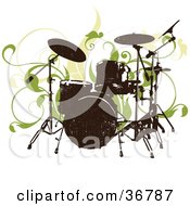 Silhouetted Drum Set Abd Green Vines On A White Background