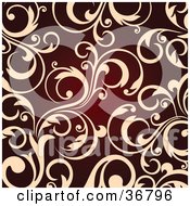 Clipart Illustration Of A Background Of Beige Leafy Scroll Designs Over Red