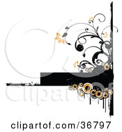 Clipart Illustration Of A Black Grunge Text Box Bordered In Orange And Black Circles And Flowering Vines