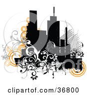 Poster, Art Print Of Grunge City Skyline With Orange Circles And Black And White Vines