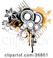 Poster, Art Print Of Black And White Circles Orange Grunge Splatters And Flowering Vines